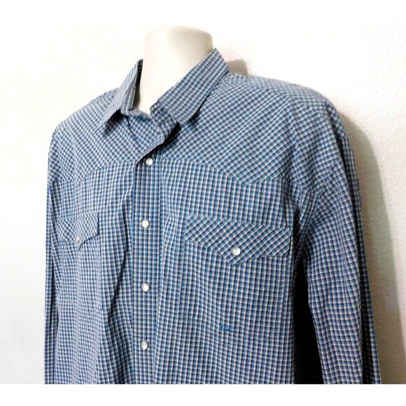 Roper Shirt Mens XL Blue Tan Plaid Pearl Snap Long Sleeve Pockets Western Cotton - Picture 2 of 8